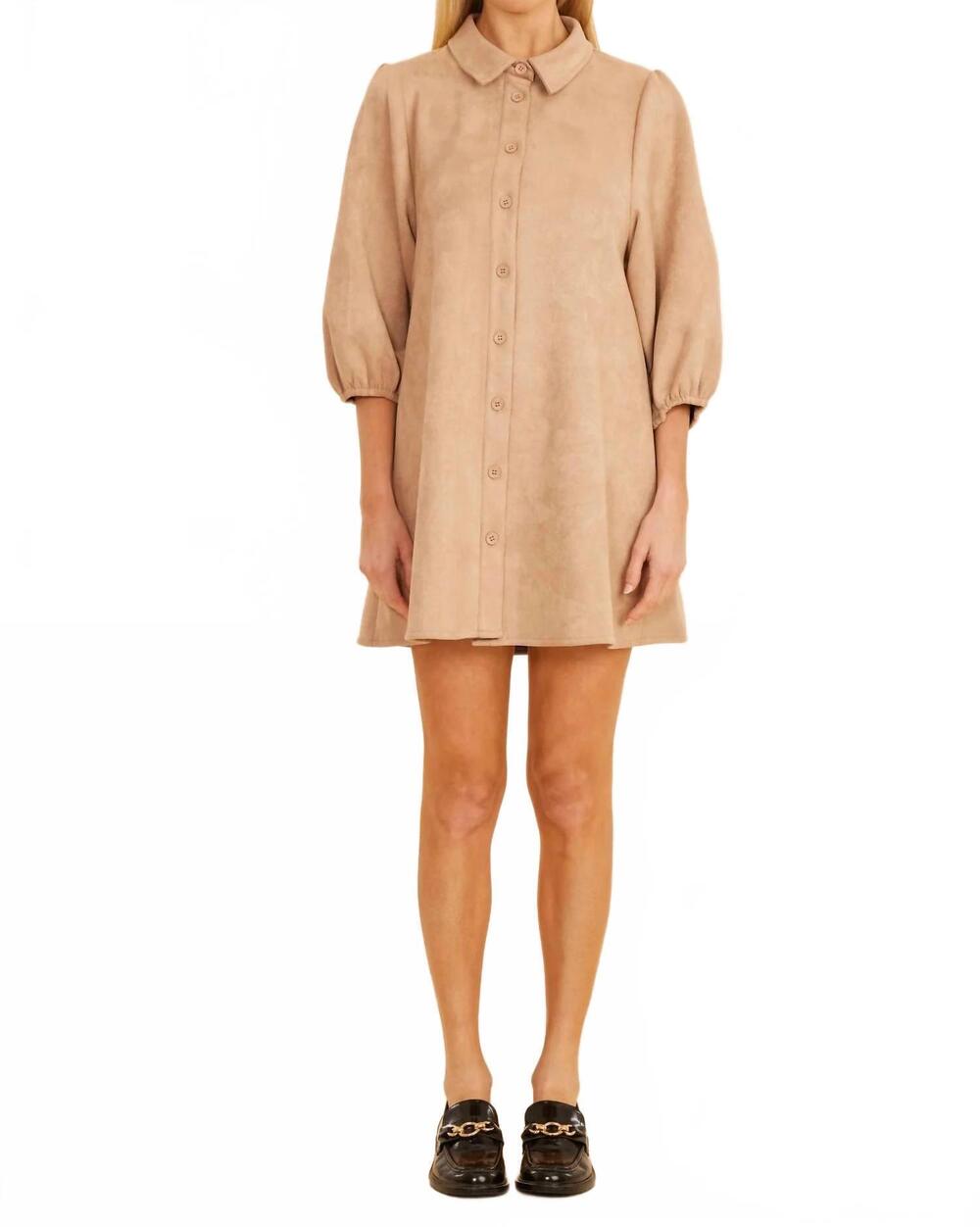 NEW DOLCE CABO women's faux suede puff sleeve shirt dress in sand